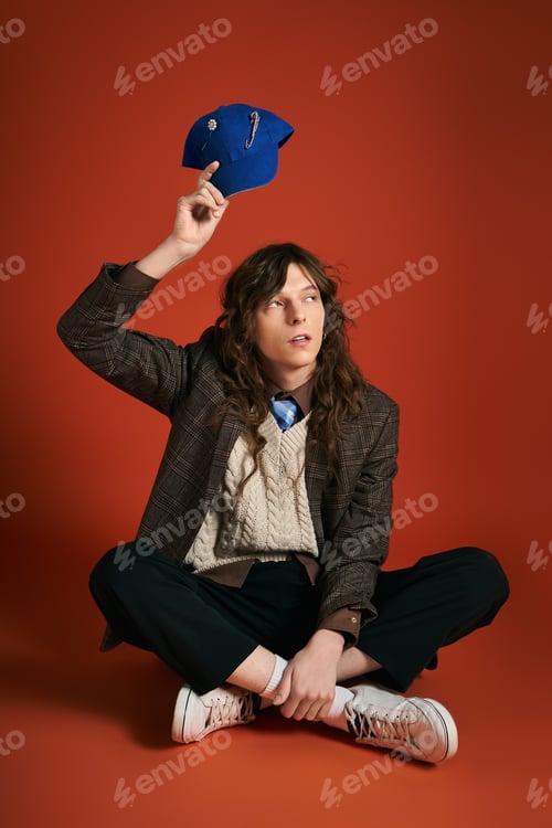 Preview: Young man showcases trendy style with playful cap on vibrant backdrop