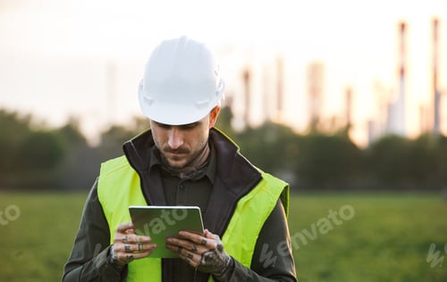 Preview: Young engineer with tablet standing outdoors by oil refinery. Copy space