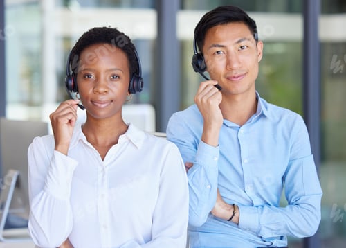 Preview: Portrait, call center and business people with headset in office consulting for crm, contact us or