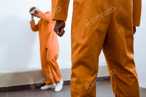 Preview: cropped image of multicultural prisoners fighting in prison cell