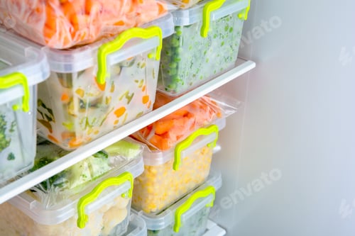 Preview: Containers with deep frozen vegetables in refrigerator