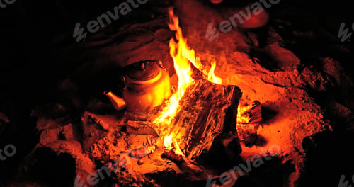 Preview: Bonfire. Fire. Desert night. Night time, desert scene, barbecue, camping, making tea