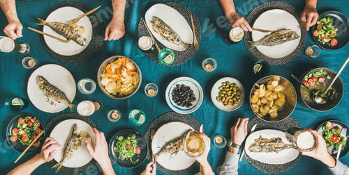Preview: Fish, chips and beer party of friends eating and drinking