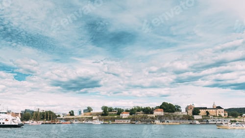 Preview: Oslo, Norway. Akershus Fortress, Oslo City Hall And Floating Ships Near Aker Brygge District. Summer
