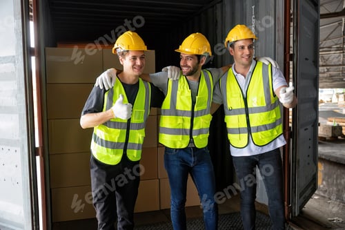 Preview: 3 Workers carry carton box take from 40 feet steel container on the trailer truck and smile portrait