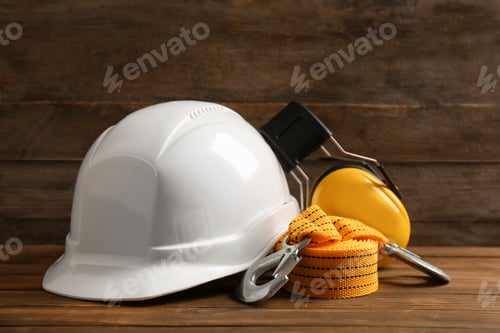 Preview: Composition with safety equipment on wooden table