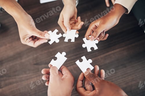 Preview: Business people, hands or puzzle for teamwork, solution problem solving with planning, synergy or c