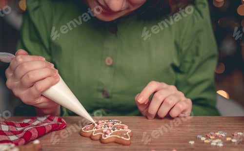 Preview: Girl decorating gingerbread snowflake at home