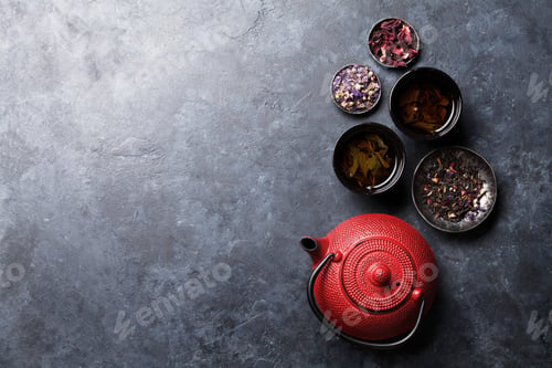Preview: Various tea and teapot. Black, green and red tea