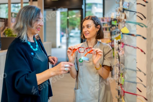 Preview: Saleswoman showing new eyeglasses to a customer in optical store