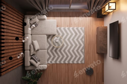 Preview: 3D rendering living room, gray sofa, TV, robot vacuum cleaner, coffee table and cabinet, decorations
