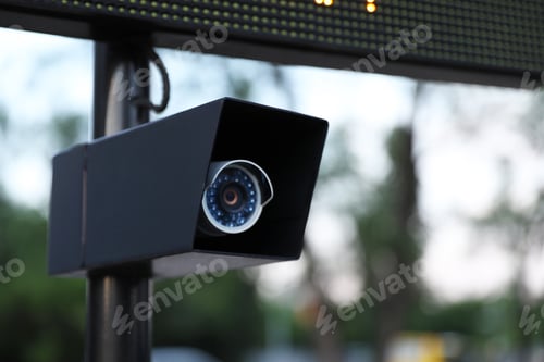 Preview: Modern CCTV security camera on street, closeup. Space for text