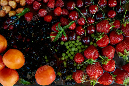 Preview: Fresh seasonal fruits and berries: strawberries, apricots, cherries, mulberry