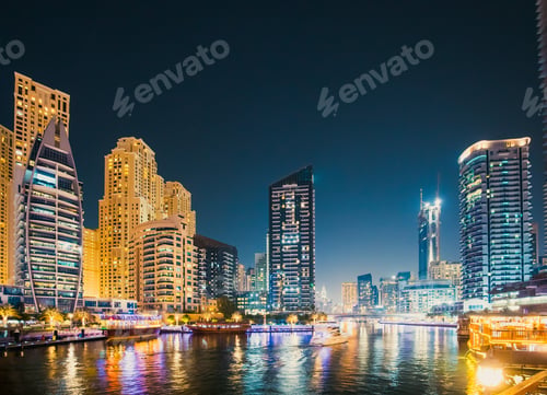 Preview: Night view of skyscraper of residential district in Dubai Marina And Tourist Boat, Sightseeing Boat