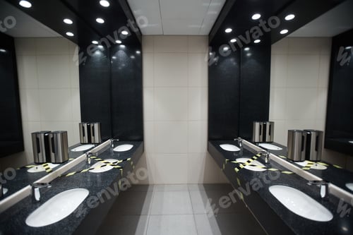 Preview: Graphic Restroom Interior with Social Distancing