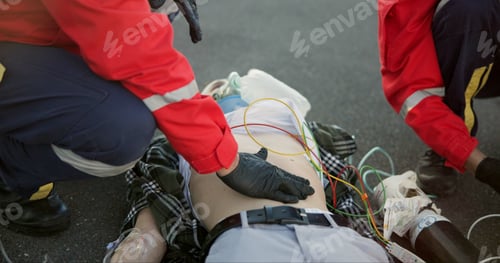 Preview: Healthcare, outdoor and paramedic with patient, helping and hand on stomach, check and oxygen mask.
