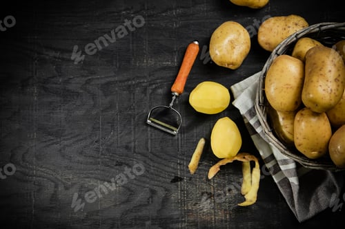 Preview: Fresh potatoes. On black background.