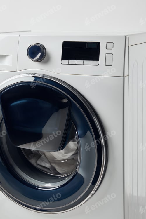 Preview: Modern washing machine with black display isolated on grey