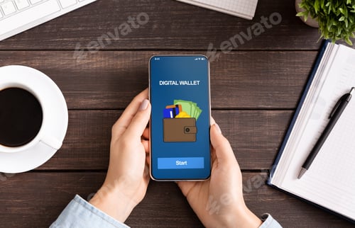 Preview: Woman holding smartphone with digital wallet application