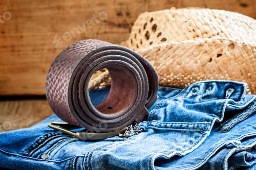 Preview: Jeans, straw hat, leather belt - women's clothes in cowboy country style