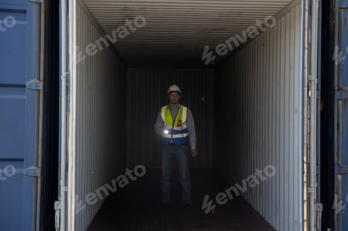 Preview: Foreman or worker work at Container cargo site check up goods in container.