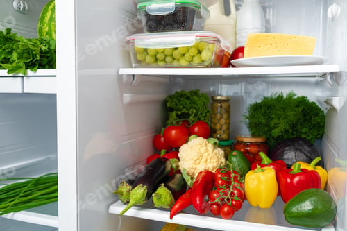 Preview: Fridge shelf full of fresh vegetables close up