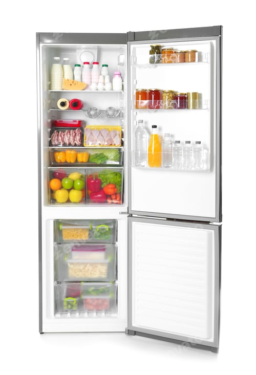 Preview: Open refrigerator with many different products on white background
