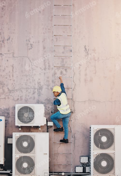 Preview: Engineer, wall and outdoor for check, air conditioner or maintenance on ladder for hvac system, tes