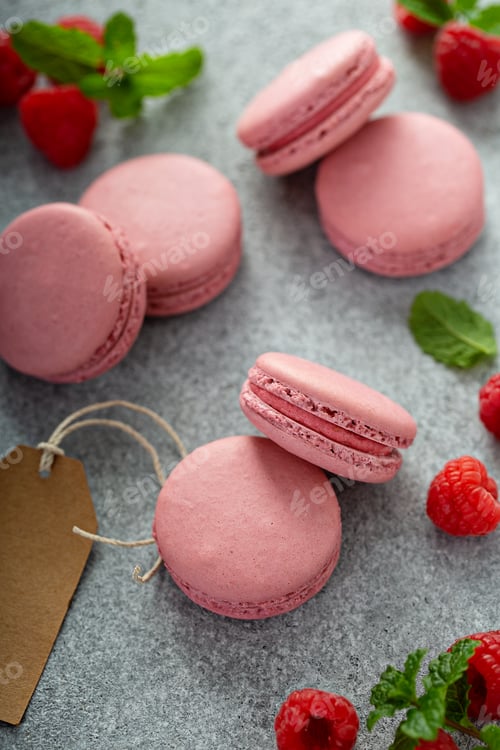 Delicious Pink Macarons with Raspberries and Mint