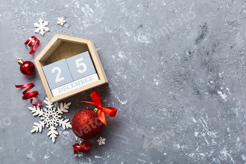 Preview: Christmas calendar 25 december. Christmas gift, fir branches, pine cones. Flat lay