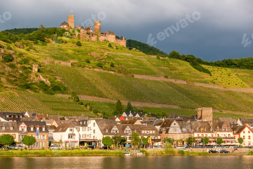 Preview: Thurant Castle and vineyards above Moselle river near Alken, Germany.