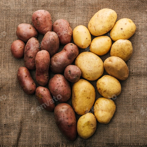 Preview: top view of organic raw potatoes arranged in heart on brown rustic sackcloth