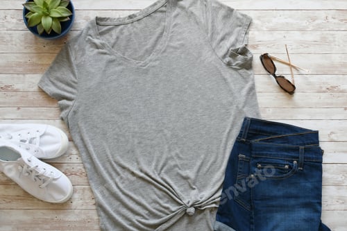 Preview: Plain gray t-shirt tee mock up, your design here, flat lay with jean shorts, white sneakers, summer