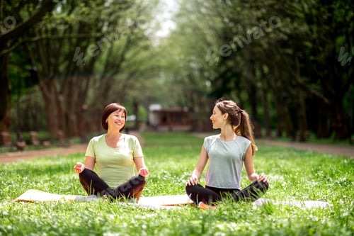 Preview: Young and elder woman doing yoga in the park