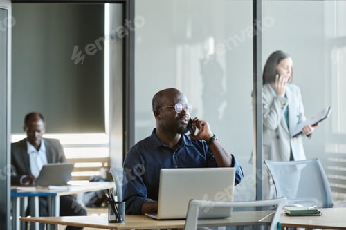 Preview: Young confident businessman with smartphone by ear talking to client