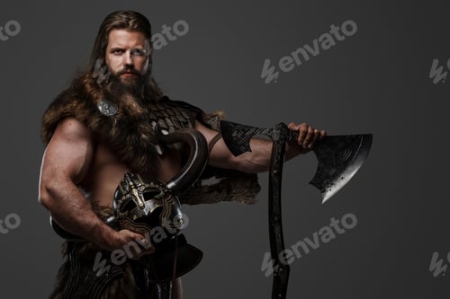 Preview: A fierce bearded Viking warrior in fur and light armor