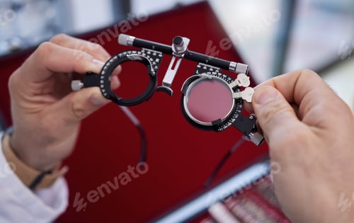 Preview: Optometry, healthcare and optometrist with trial lens for a eye test in a optical clinic. Vision, e