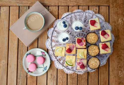 Preview: Top view of selection of colorful and delicious cake desserts on tray on table.