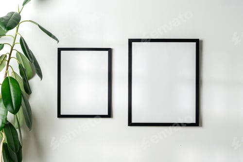 Preview: Black frames and houseplant against white wall copy space