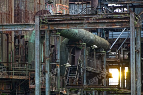 Preview: Beautiful shot of an old abandoned factory with metal stairs and tubes