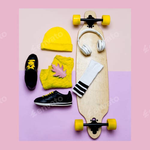Preview: Skateboarding Apparel Flat Lay with Headphones and Shoes