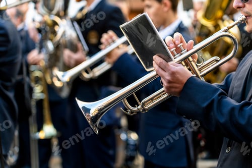 Preview: Band musicians with their instruments on the street. Typical music bands in Spain.