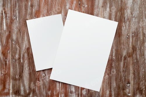 Preview: Mockup blank craft sheet of blank craft paper, pen, and morning coffee cup on white wooden desk .