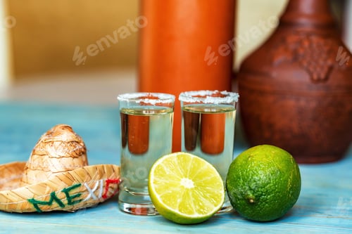 Preview: Tequila with lime and salt, selective focus