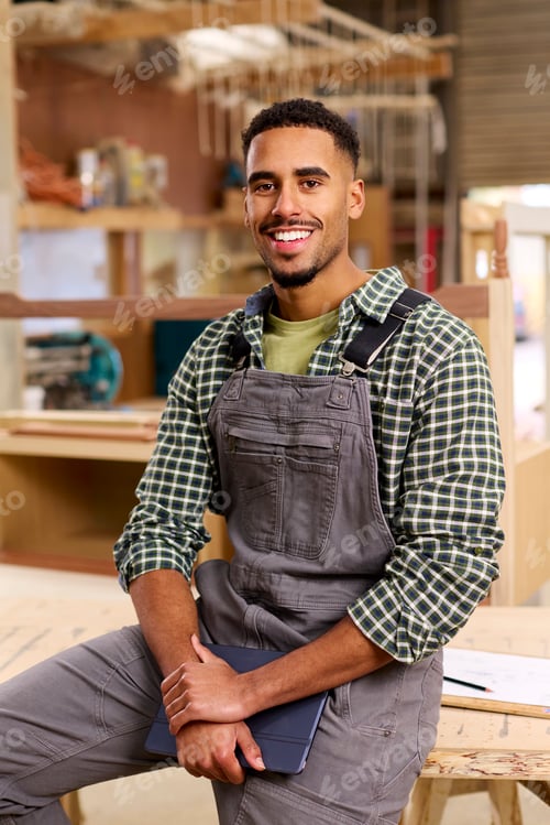 Preview: Portrait Of Male Apprentice Working As Carpenter In Furniture Workshop