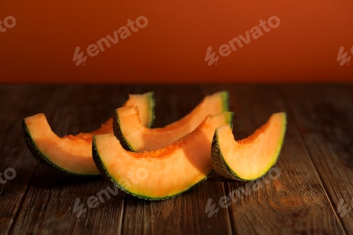 Preview: autumn still life with melon in a dark key on a wooden background
