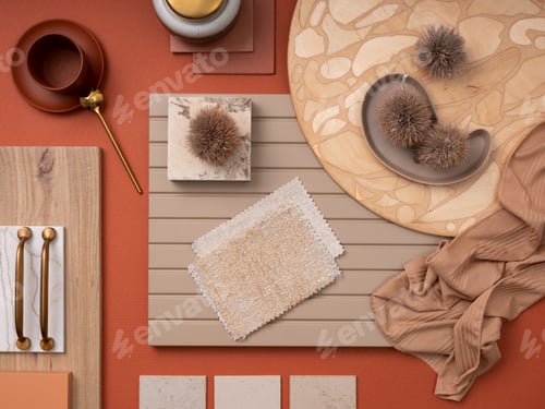 Preview: Stylish flat lay composition in orange and beige color palette with textile and paint samples