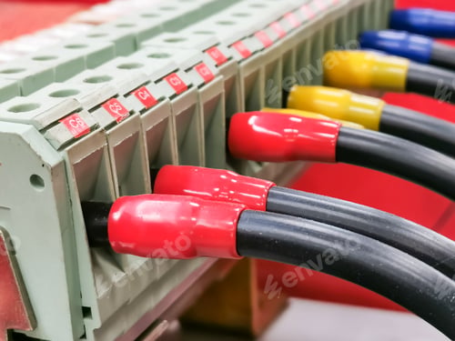 Preview: Close up image of cable distribution connection on electrical equipment in low voltage switch board.