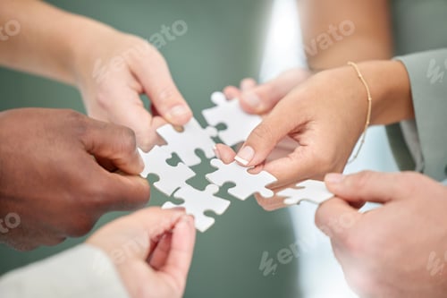 Preview: Business people, hands and diversity with puzzle piece for team building, collaboration or planning