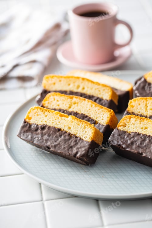 Preview: Sliced sponge dessert. Sweet sponge cake with chocolate